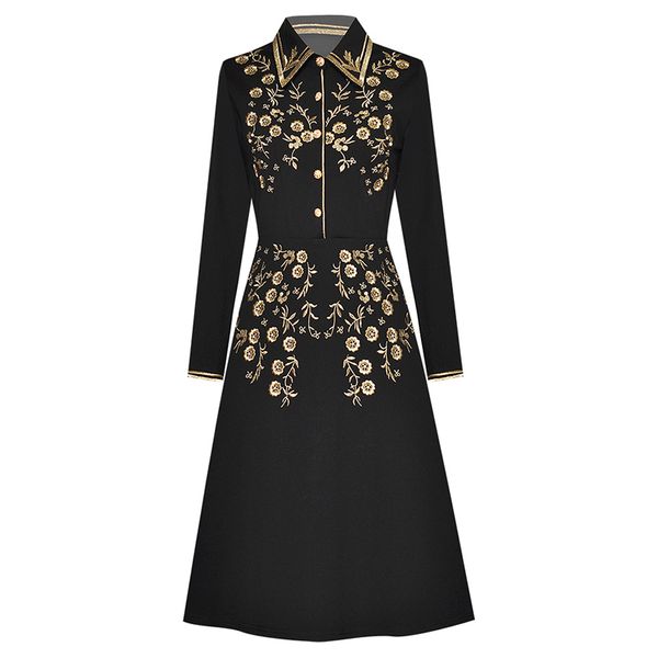 

new fashion 2020 runway dress women's long sleeve stunning embroidery midi shirt collar dress, Black;gray