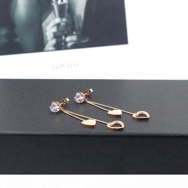 

k shining earrings fashion heart rhythm fringed double heart long earrings japanese wild titanium steel rose gold heart -shaped earring, Golden;silver