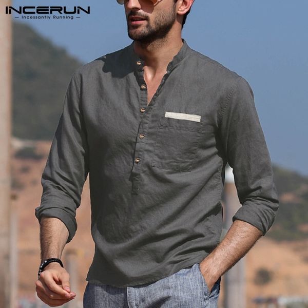 

men's casual shirts vintage stand collar men long sleeve solid color camisa pockets cotton blusas loose breathable blouse 3xl, White;black