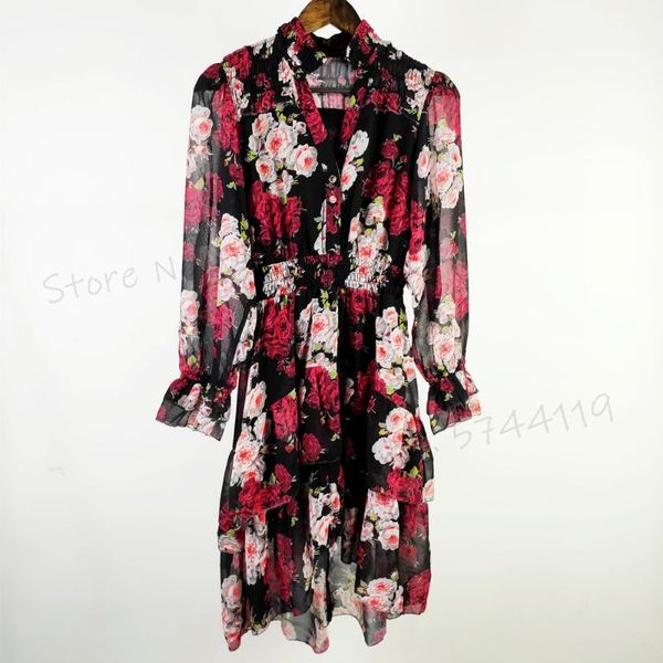 

casual dresses elegant temperament rose print women dress 2021 spring summer long sleeve v-neck irregular lady, Black;gray