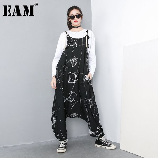 

eam] 2020 new spring autumn big size personality high waist print pocket stitch loose baggy pants women jumpsuit fashion 1c057, Black;white