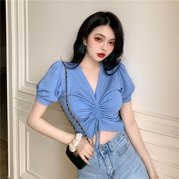 

fashion drawstring short sleeve knitted shirt women's summer soft shirtshirt shirtloose breathable aging bubble sleeve e2611, White;black
