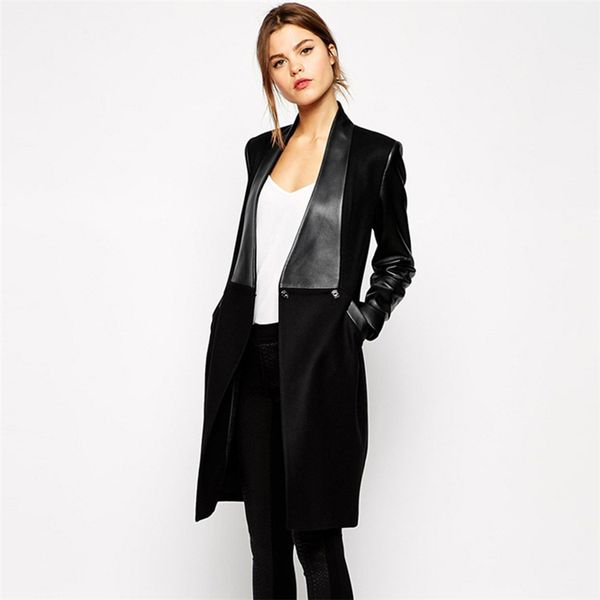 

2020 new autumn and winter women woolen coat fashion pu leather stitching slim long section explosion heavy ladies high-end, Black