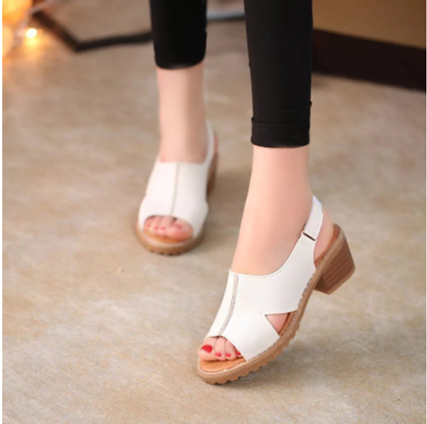 

2020 new women summer peep toe pu leather chunky heels sandals slingbacks woman non slip buckle strap casual female elegant ladi, Black