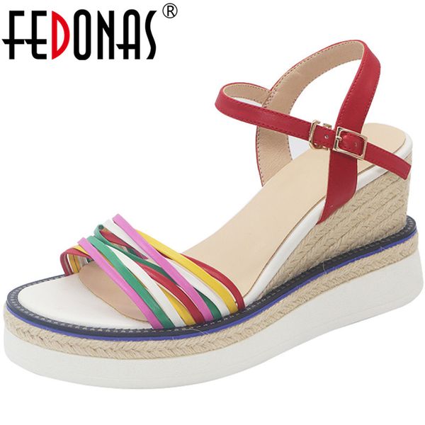 

fedonas lace up genuiine leather wedged platforms high heels sandalsr women open-toed summer buckle dancing working shoes woman, Black