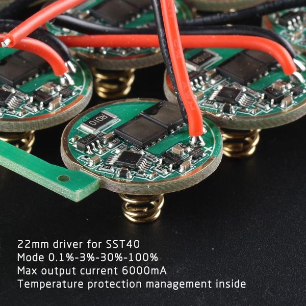 

flashlights torches 22mm driver for sst40 ,4 modes 0.1%-3%-30%-100%, max current output 6000ma, temperature protection management inside