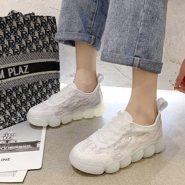 

thick bottom breathable mesh shoes 2020 summer new lace casual jelly comfortable female hollow small white shoes, Black