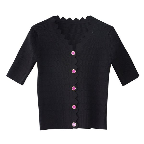 

wavy edge knitted women v neck summer short sleeve breathable casual tee single breasted thin womens cardigans knit clothing, White