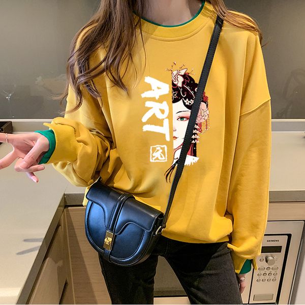 

autumn 2020 new loose cover hoodie chinese style printed fake two hoodie, Black