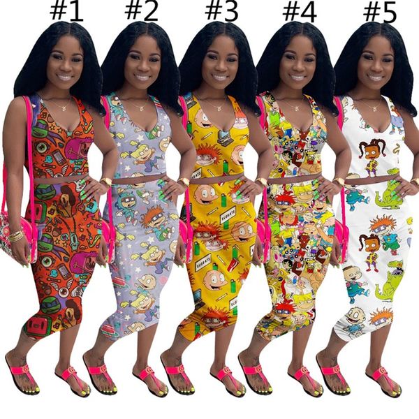 

design summer women cartoon printed tracksuit sleeveless tee + skirt two-piece clothing suit v-neck fashion outfits sportswear d73001, White