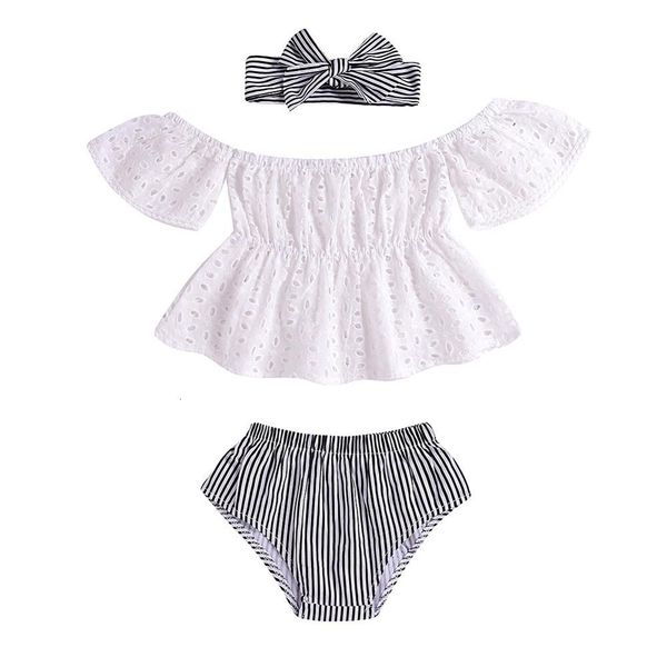 

baby girl outfits set off-shoulder hollow design t-shirt+striped pp shorts+headband 3 pcs infant clothes 0-24m, Blue