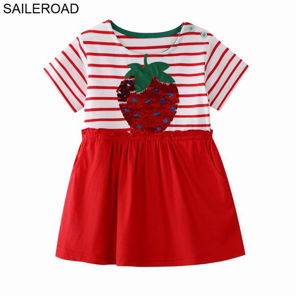 

saileroad strawberry dresses for girls 6 year embroidery 7year girls clothes paillettes dress for children's summer pocket dress, Red;yellow
