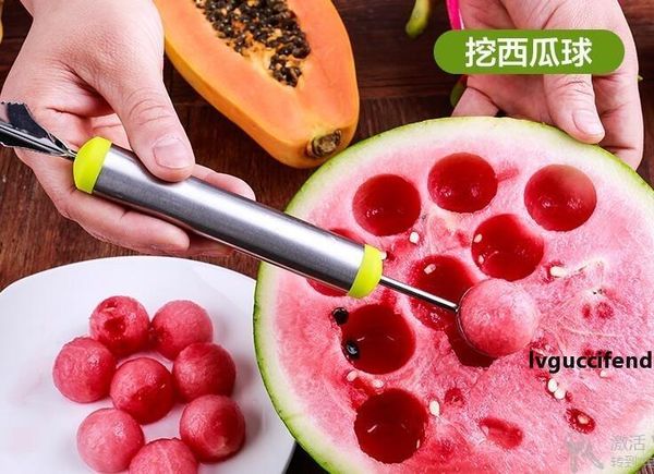 

express stainless steel cut watermelon artifact double-headed fruit digger multi-function corrugated carving knife spoon wholesale