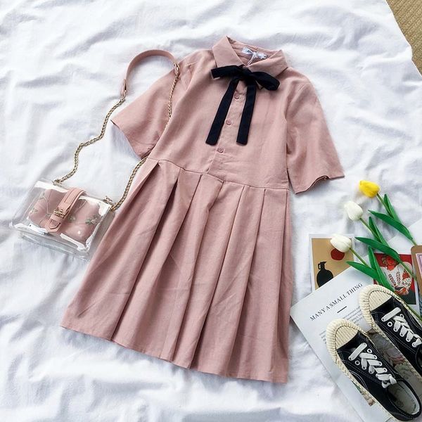 

2020 summer sweet japanese mori girl bow pink fresh short sleeve dress lolita style college elegant sweet dress, Black;gray