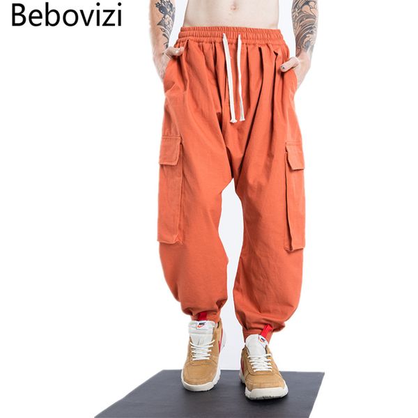 

bebovizi brand 2020 new style men's streetwear trousers pockets comfort lanterns pants hip hop baggy joggers harem pants, Black