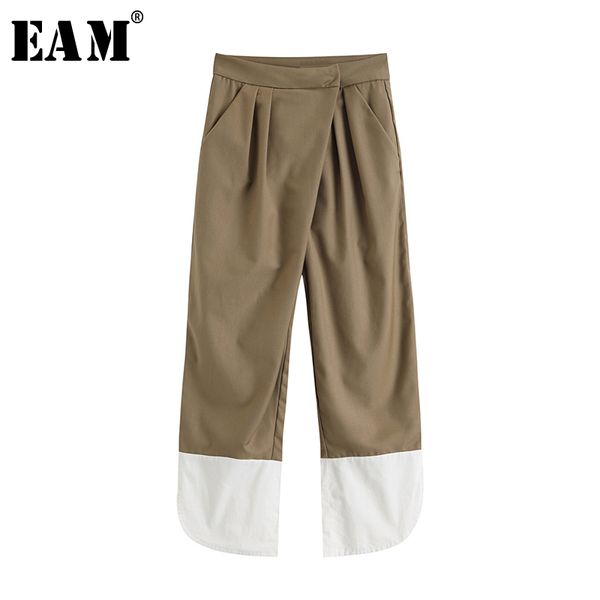 

[eam] high waist khaki contrast color split long trousers new loose fit pants women fashion tide spring autumn 2020 1w167, Black;white