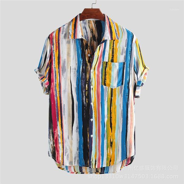 

sleeve turndown collar single breasted casual male clothes summer mens designer plus size shirts striped printed short, White;black