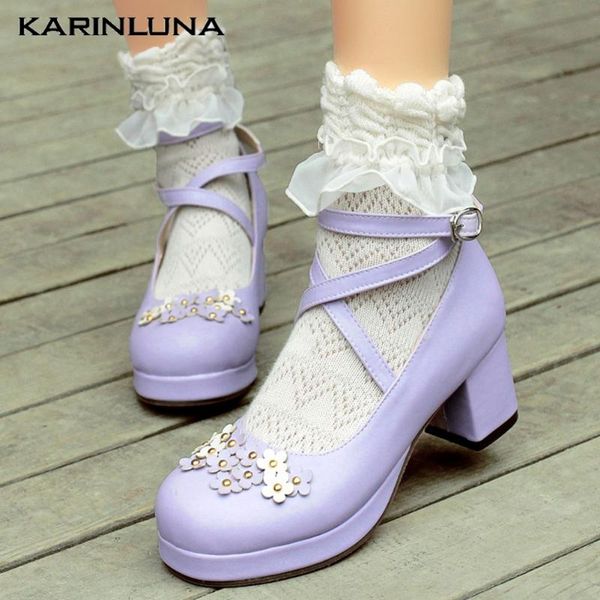 

karin large size 43 sweet flowers lolita chunky heels 2020 spring girls cosplay mary janes woman shoes pumps, Black