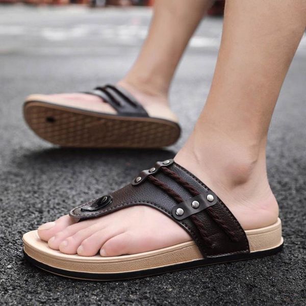 

summer fashion nice pu men's basic slippers out wear beach causal comfortable hard-wearing & anti-skid men's flip flops male, Black