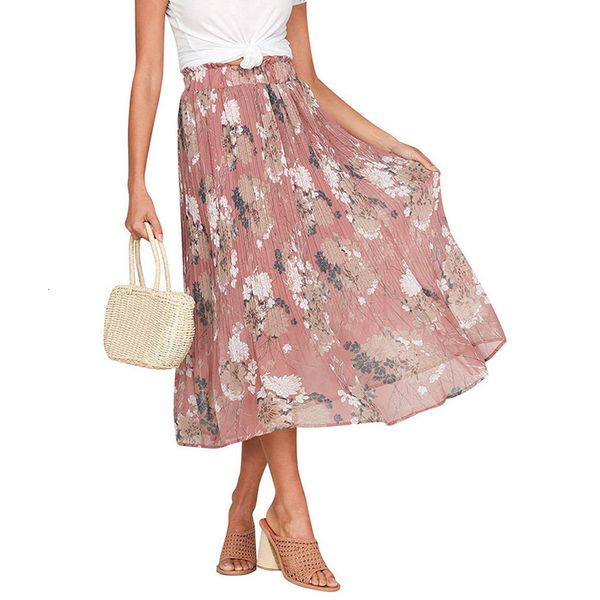 

ladies pleated skirt womens floral flowers print split skirt spring autumn beach mid calf skirt female clothing, Black