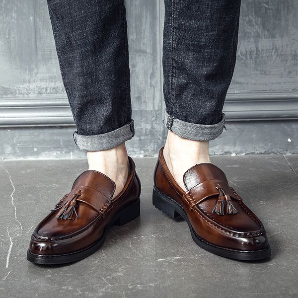 

2019 men dress shoes handmade brogue style paty leather wedding shoes men flats leather oxfords formal shoes, Black