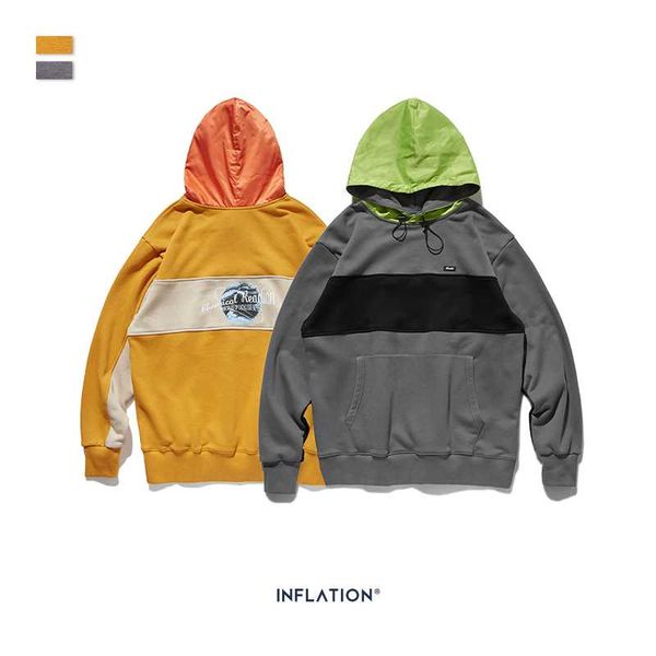 

inflation men hip hop hoodie for couple streetwear 2020 fw color block loose fit hoodie men autumn warm cotton 9635w, Black