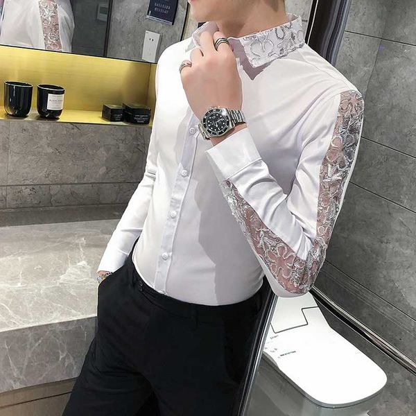 

british style lace long sleeve shirt men fashion 2020 streetwear slim fit men casual shirts night club prom tuxedo 4xl, White;black