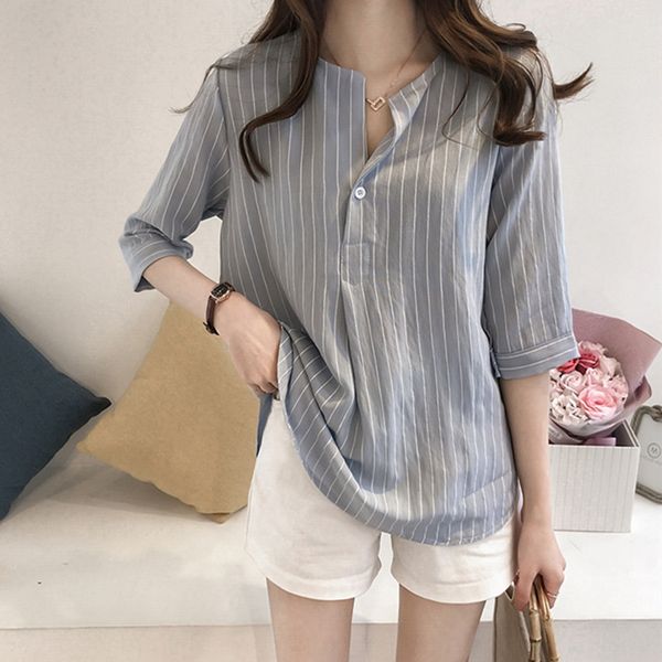 

2020 summer new korean style fashionable large size round neck striped women's cropped sleeve shirt loose casual shirt, White