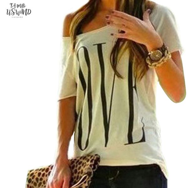 

2020 summer women letter loose one shoulder korean fashion design letter casual beach t shirt short sleeve crew neck plus size, White