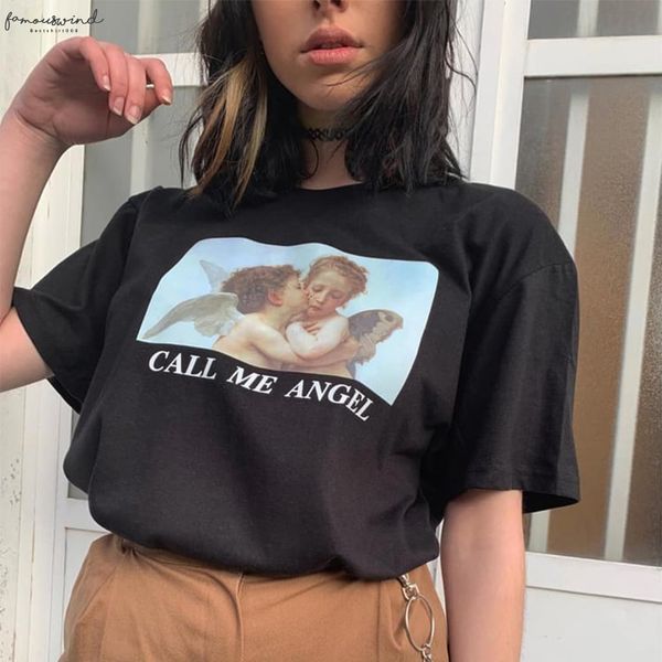 

call my angel summer women vintage short sleeve cartoon letters harajuku loose short sleeve large s 2xl casual shirt, White