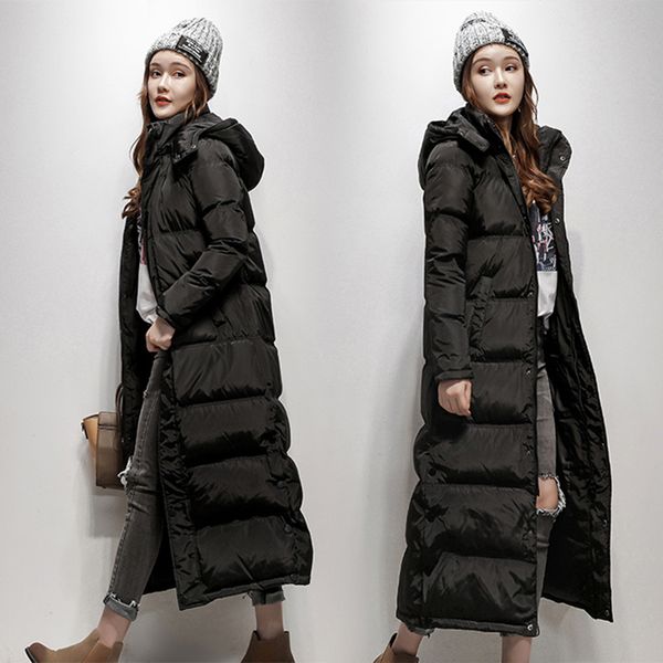 

2020 women's winter duck down coat ultra long maxi ankle length female puffer jackets clothing with hood hat black plus size xxl