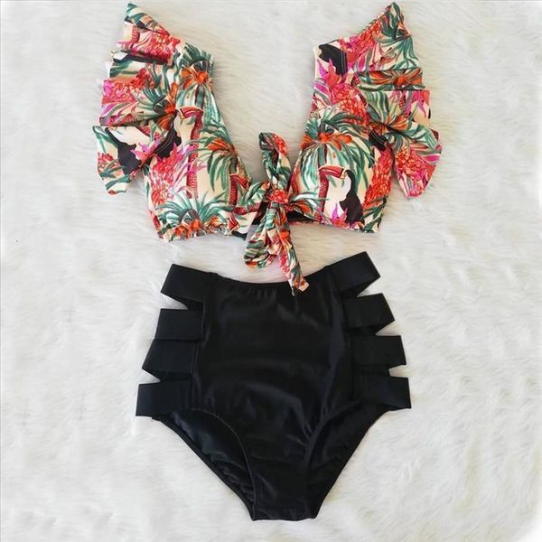 

ruffle high waist bikinis set swimwear women swimsuit bikini push up bandage brazilian two pieces biquini 2020 bathing suit, White;black