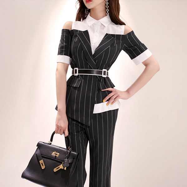 

women's two piece pants summer work pant suits 2 set for women business interview suit uniform short sleeve blazer striped office lady, White