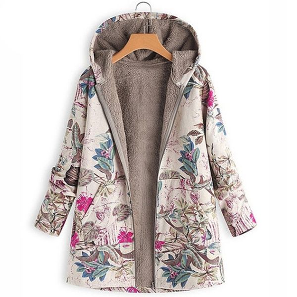 

women's windbreaker leather jacket plush coat winter warm outwear floral print hooded pockets vintage coats bevadim, Black;brown