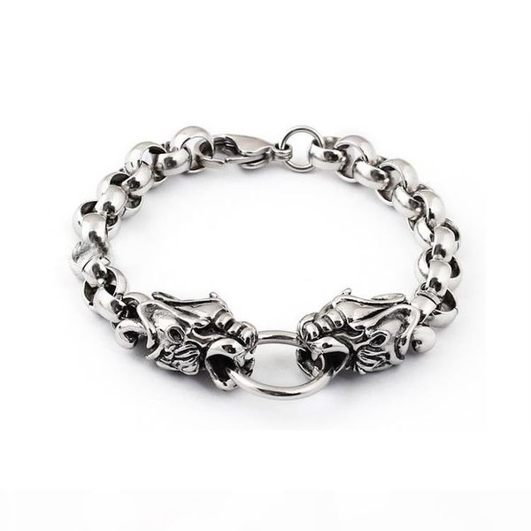

punk style titanium steel double dragons head chains bracelets exaggerated wristbands bangle vintage jewelry cuff brace lace, Golden;silver