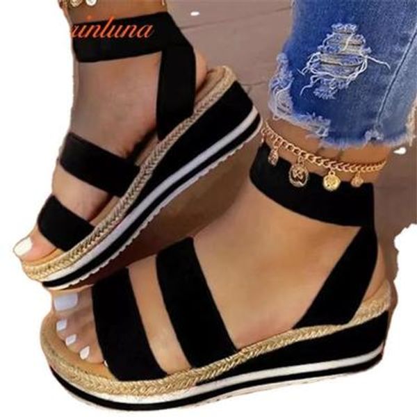 

2020 summer new roman women's shoes fashion wild large size color matching wedge rope thick bottom sandals, Black