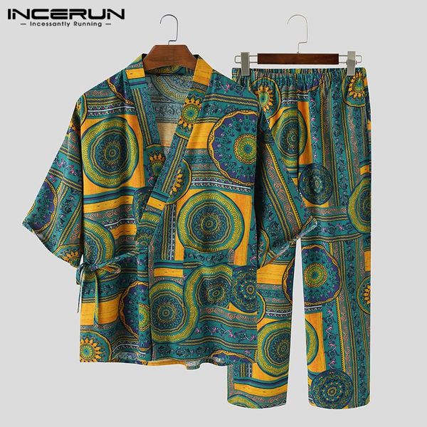 

incerun printing men sets half sleeve cotton streetwear v neck kimono pants casual homewear vintage ethnic style men sets, Gray
