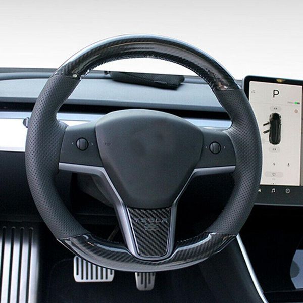 

carbon fiber black leather diy car steering wheel cover for tesla model 3