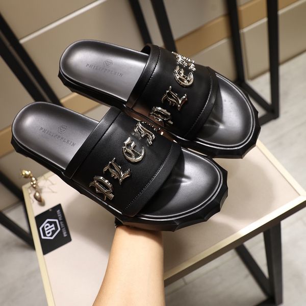 

mens womens summer slippers sandals plein thick bottoms letter printed non-slip casual beach huaraches philipp loafer slippers, White;black