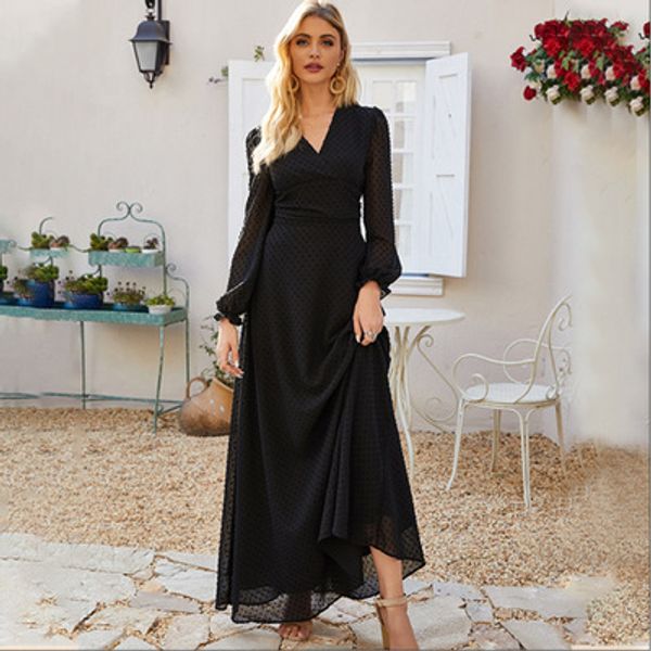 

2020 fashion autumn black chiffon long dresses bohemian v-neck maxi boho dress for femme women v-neck party dress vestidos
