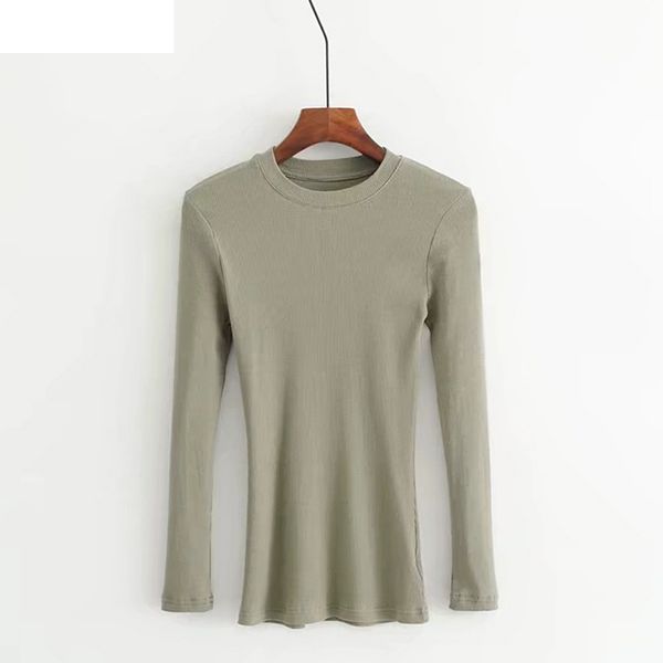 

1pc new simple slim crop t-shirt solid color female shirt women round neck ribbed long sleeve fit bottoming autumn thirt, White