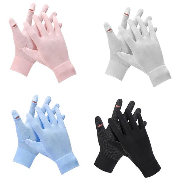 

women men summer silk cooling short gloves outdoor cycling touch screen cutout finger upf50 uv protection mittens, Blue;gray