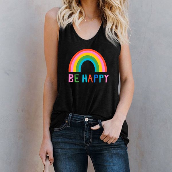 

summer women vest tank camisole rainbow print be happy letter print t-shirts streetwear harajuku casual sleeveless, White