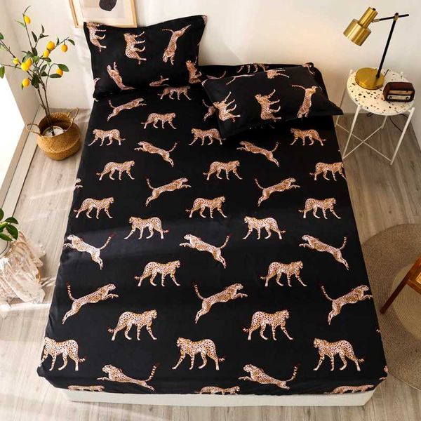 

2/3 pcs fitted bed sheet sets on elastic leopard black color bed sheets single/twin//king draps de lit fitted sheet