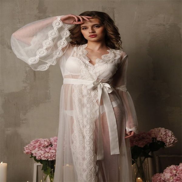 Branco Mulheres Casamento Elegante Banho Vestes Manga Longa Appliqued Lace Sleepwear Personalizado Feito Ruched Chiffon Varredura Trem Noiva Pijama Vestidos