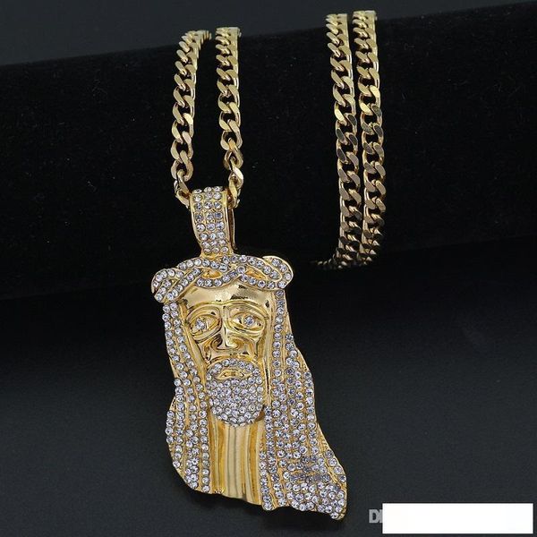

iced out jesus piece pendant necklace mens hip hop gold necklace jewelry with 76cm cuban chain, Silver
