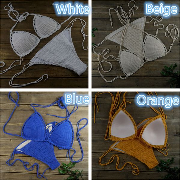 

13 color womens swimwear push up solid swimsuit handmade crochet bikini sets lining swim trunks drop shipping, White;black