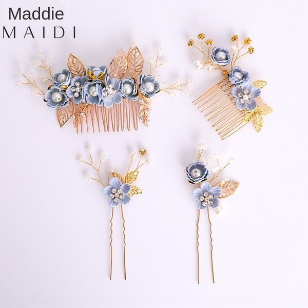 

venv7 children's blue flower comb long handmade handcrafted headdress hair braided hair decorative headdress set girls' handmade p, Slivery;white