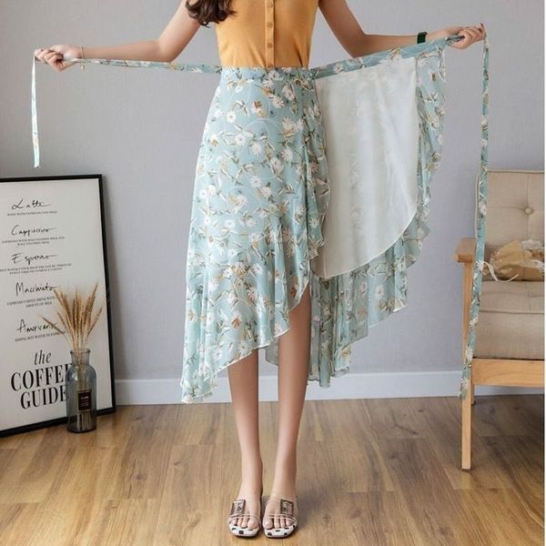 

mujer elegant high waist frilled chiffon skirts harbour breeze sun-proof beach skirt chic one-piece fishtail fairy skirt lace-up, Black