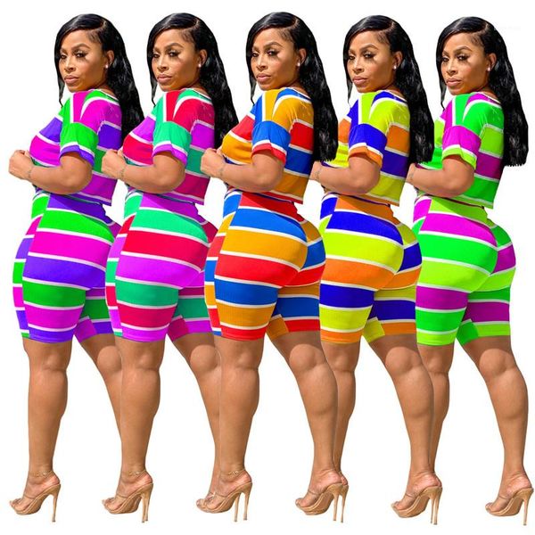 

casual suits women two piece summer outfits pants set female designer fashion suits slim crew neck striped printed, White